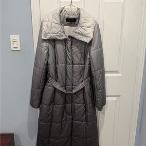 Jones New York Petite Small Grey Quilted Puffer Coat - Belted Funnel Neck